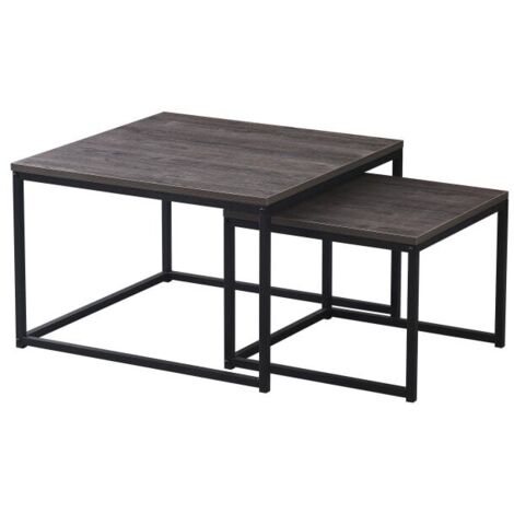 Lot 2 Tables Basses Gigognes BELGRADE Métal Noir Plateau Bois Gris 70x70x46 / 50x50x40cm