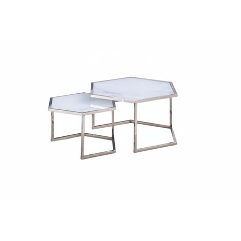 Lot 2 Tables Basses Gigognes HEXAGONA Métal Chrome Plateau Verre Trempé Blanc 60x52x42 / 50x45x38cm