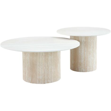 HOMY FRANCE Duo de Tables Basses Gigognes MINA Effet Travertin & Plateau Céramique – 60x45 / 80x38 cm