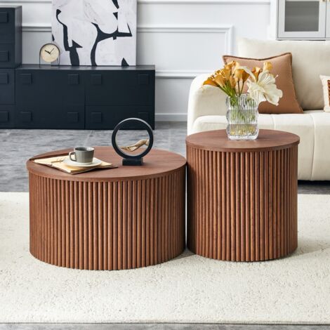 Lot 2 tables basses gigognes rondes MDF finition noyer, design colonnes, rangement intégré, table d'appoint salon chambre 45x50 / 65x40 cm