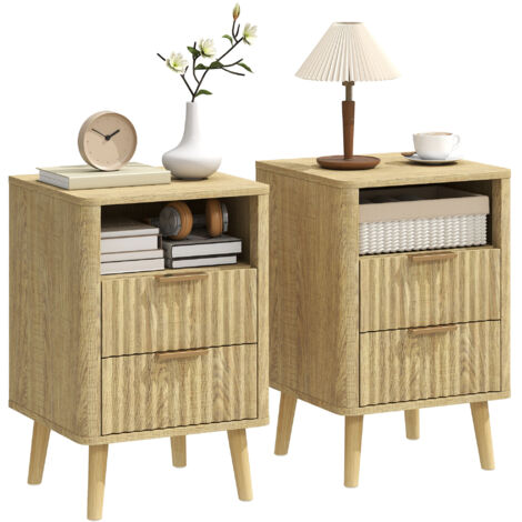 Lot 2 tables chevet tables nuit 2 tiroirs compartiment ouvert coins arrondis 40x40x61 cm chêne