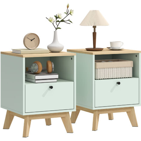 Lot 2 tables chevet tiroir + compartiment ouvert, 40x40x55 cm, chêne/vert clair