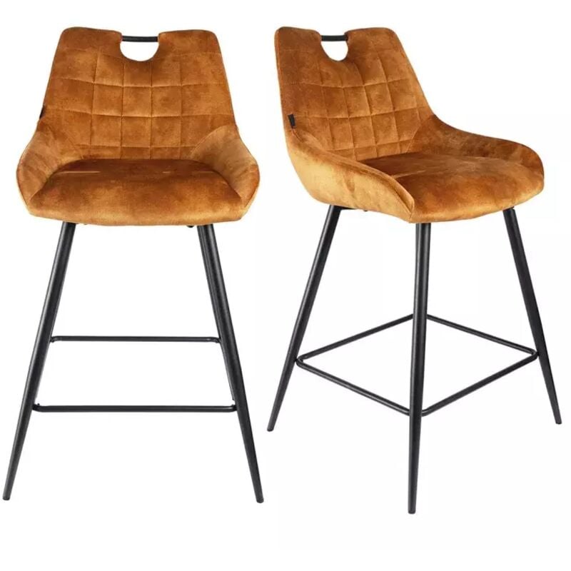 Meubletmoi - Lot 2 tabourets bar en velours jaune moutarde pied métal noir - brandy