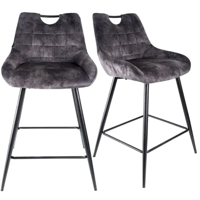 Meubletmoi - Lot 2 tabourets bar velours gris anthracite pied métal noir - brandy