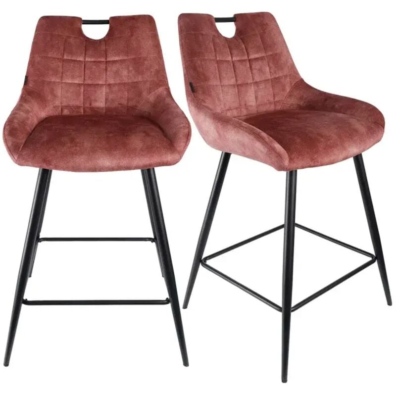 Meubletmoi - Lot 2 tabourets de bar en velours rose avec pied métal noir - brandy