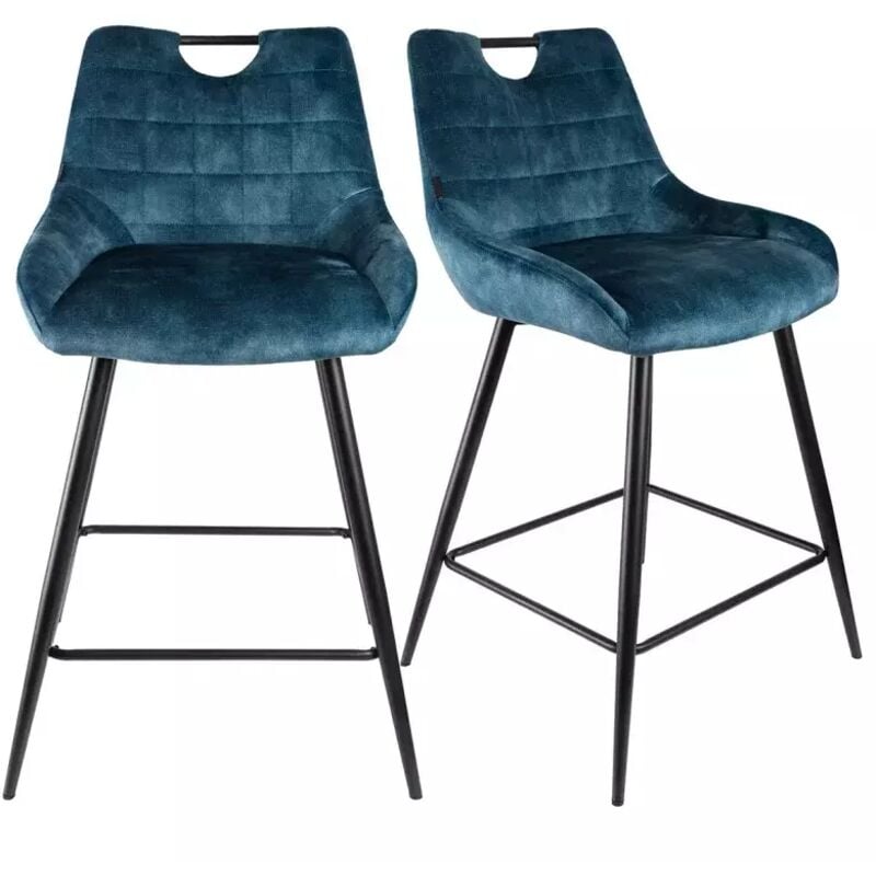Meubletmoi - Lot 2 tabourets de bar en velours bleu canard pied métal noir - brandy
