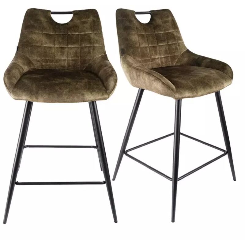 Meubletmoi - Lot 2 tabourets bar en velours vert kaki avec pied métal noir - brandy