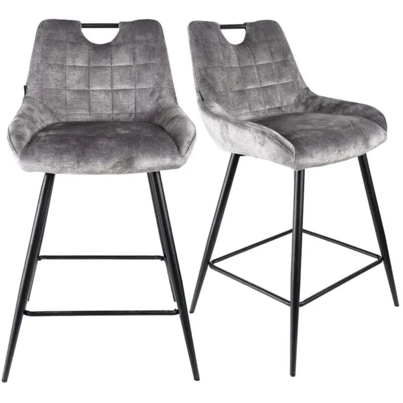 Meubletmoi - Lot 2 tabourets de bar en velours gris clair pied métal noir - brandy