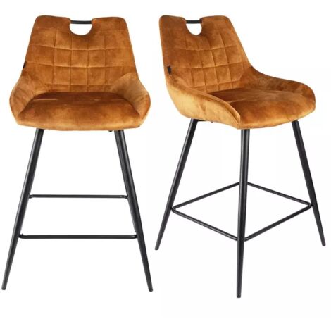 Lot 2 tabourets bar en velours jaune moutarde pied métal noir - BRANDY