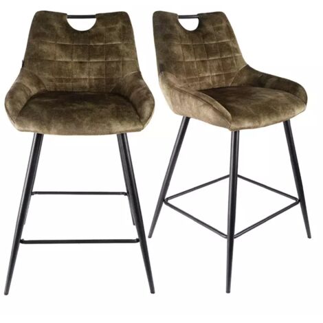 Lot 2 tabourets bar en velours vert kaki avec pied métal noir - BRANDY