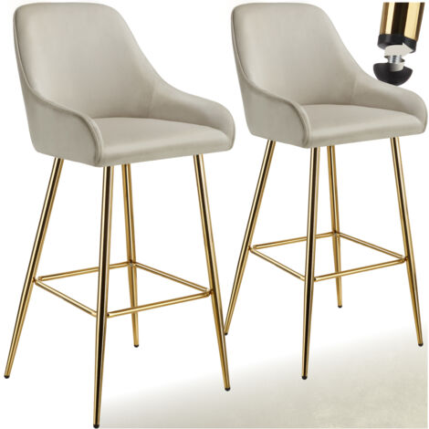 Tectake – Lot de 2 tabourets de bar – Dossier rembourré en velours beige – Hauteur d'assise 69,5 cm – Pieds en acier galvanisé pour stabilité