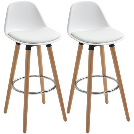 Lot 2 tabourets de bar design scandinave, pieds avec repose-pieds, 43x43x91 cm, bois naturel et blanc