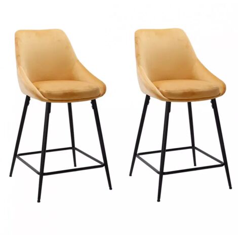 Lot 2 tabourets de bar en velours jaune et piètement métal - JAZZY