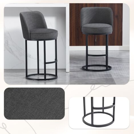 Lot 2 tabourets de bar lin 46,5x49,5x88,5cm, pieds métal noir, rembourrés, design moderne, pour cuisine ou îlot - gris