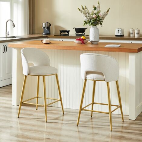 Lot 2 tabourets de bar modernes dossier ajouré, structure métal doré, assise rembourrée confortable. Pour cuisine/bar/salon 43x43x92cm - beige