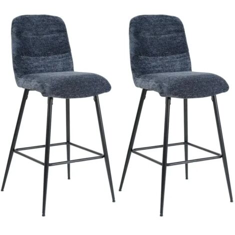 Lot 2 tabourets de bar rembourré tissu doux bleu pied métal - JULIE
