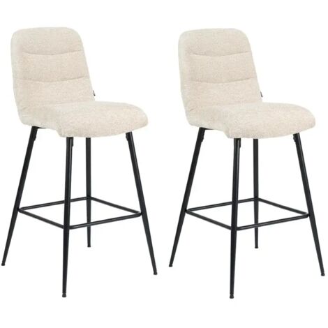 Lot 2 tabourets de bar rembourré tissu doux écru pied métal - JULIE
