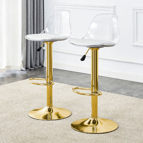 Lot 2 tabourets hauteur réglable 82-104 cm - Dossier transparent - Pieds métal or - Siège pivotant 360° - Pour bar, cuisine, îlot - Design moderne