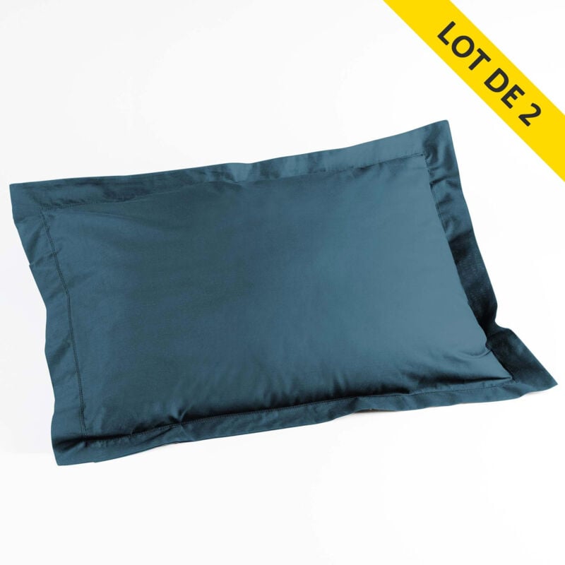 Lot 2 taies d'oreiller volant plat 50x70 uni 57 fils lina + pt bourdon Bleu nuit