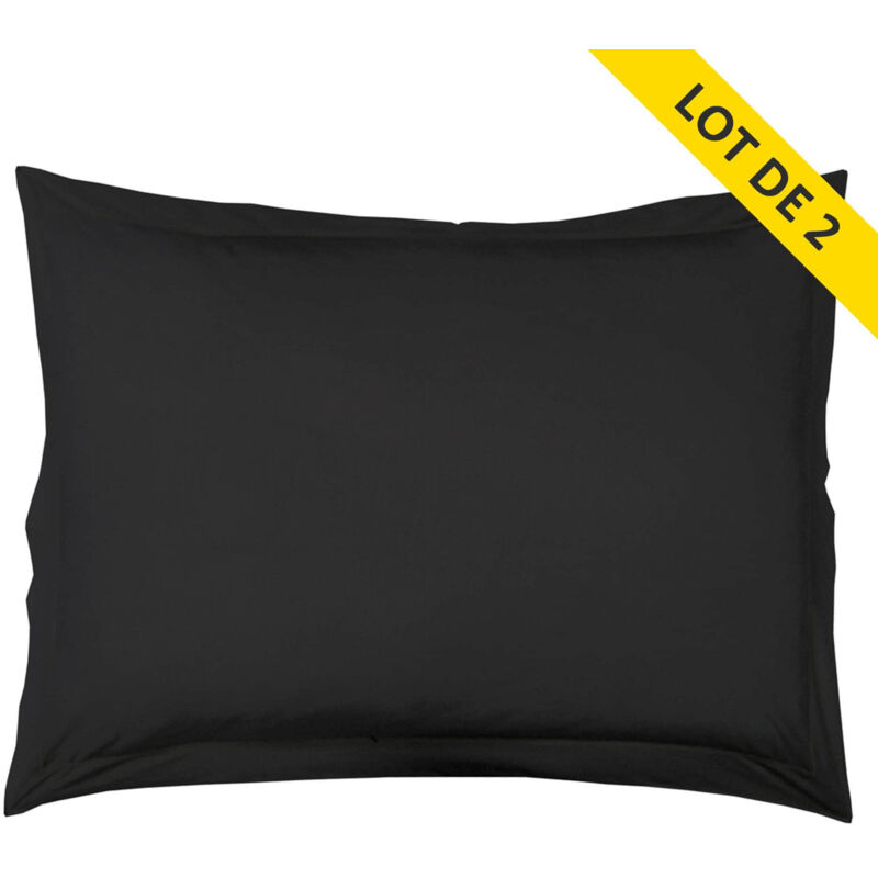 Lot 2 taies d'oreiller volant plat 50x70 uni 57 fils lina + pt bourdon Charbon