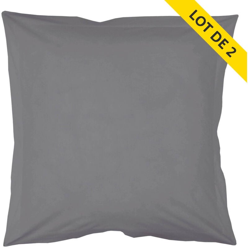 Lot 2 taies oreiller volant plat 63x63 100% coton 57 fils + pt bourdon Gris souris