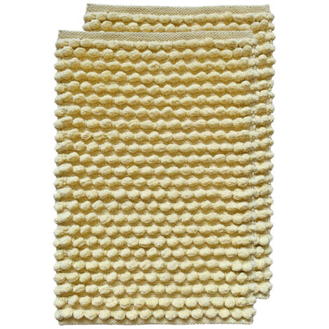 Lot 2 tapis salle de bain 40 x 60 cm pompon jaune clair - MARIE