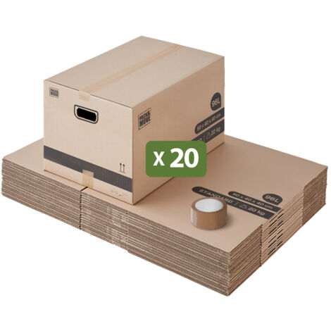 Lot 20 cartons déménagement L larges - 40 x 60 x 40 cm - Poignées renforcées - 1 adhésif offert