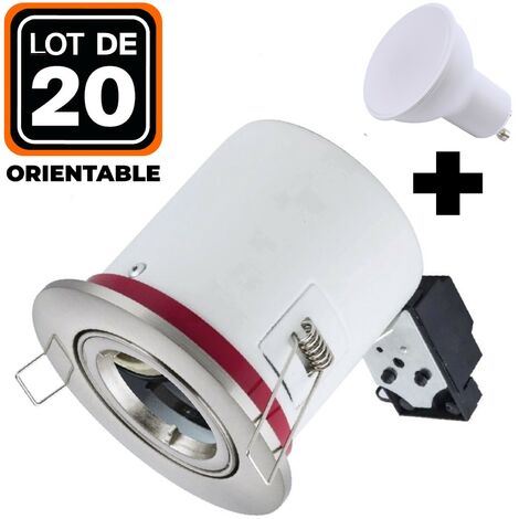 Lot 20 Supports Spots BBC Orientable INOX + Ampoule GU10 7W Blanc Neutre + Douille
