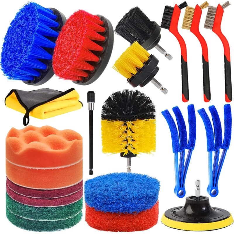 Brosses de Nettoyage pour Perceuse de Voiture - Lot de 21 avec 3 Petites Brosses Métalliques pour le Nettoyage de Marbre