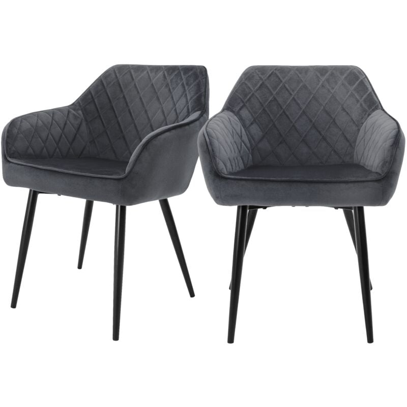 Ml-design - Lot 2x Chaises de Salle à Manger - Anthracite - Style Rétro - Dossier/Accoudoirs Rembourrée Aspect Velours - Pieds en Métal Noir - Chaise