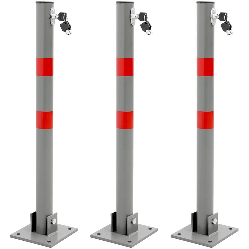 3x Barrière de Parking Rabattable - 71 cm - Rond - en Acier - Verrouillable avec Clés - Poteau Borne de Stationnement Pliable - Matériel de Fixation