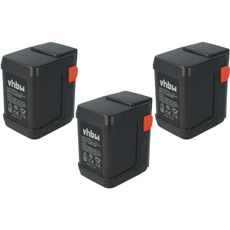 Lot 3 batteries Li-Ion Vhbw 4000mAh (18V) pour outils souffleur Gardena Accujet 18-Li comme 8835-U, 8835-20, 8839, 8839-20.