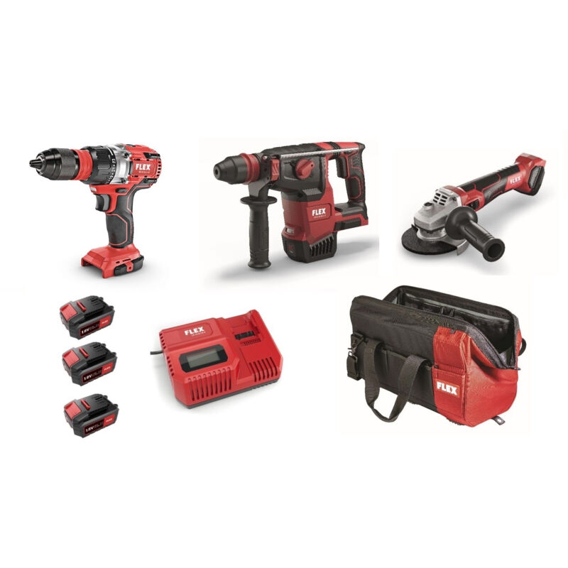 Pack 3 machines meuleuse, perforateur, perceuse Flex 3 batteries + chargeur + sac 921134