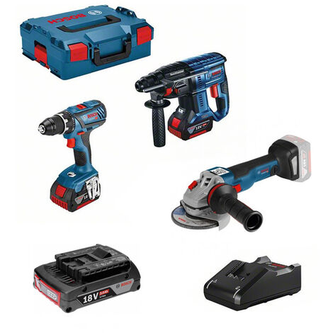 Lot 3 Maschinen 18V GSR-28 Bohrer + GBH-21 Bohrhammer + GWS-10PC Schleifer + 3 BOSCH - LBH2 Batterien