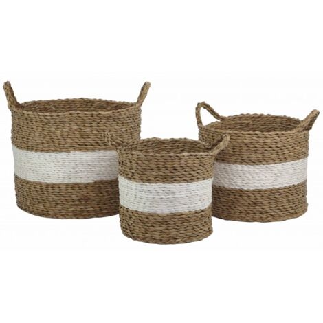 Lot 3 panières blanc et marron fibre naturelle avec anses - CORDOU