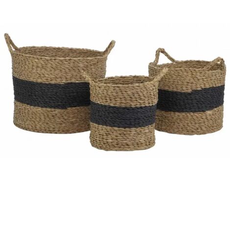 Lot 3 panières noir et marron en fibre naturelle avec anses - CORDOU