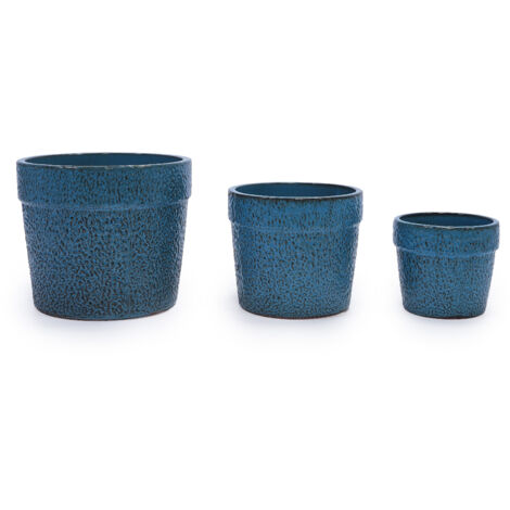 Lot 3 pots céramique coniques bleus motifs - Diamètres 38,1/30,5/22,9 cm - Pour succulentes, plantes intérieur - Artisanal