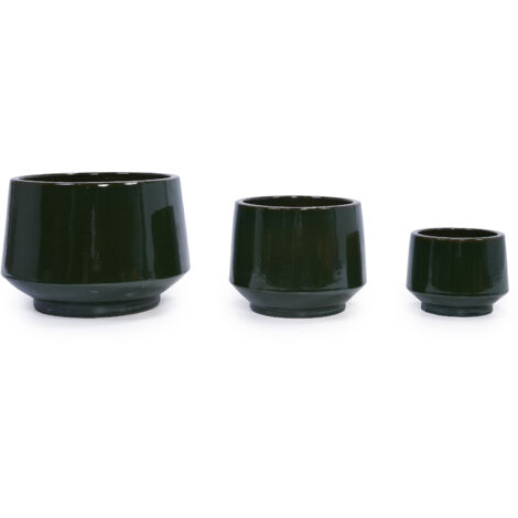 Lot 3 pots céramique vert foncé - Diamètres 38,1/28/22,9 cm - Sans motif - Pour plantes - Intérieur/extérieur - Artisanal