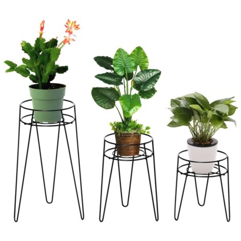 Lot 3 supports pour plantes métal noir - Pour pots fleurs diamètre max 16 cm - Design élégant - Idéal pour intérieur, balcon, terrasse - Hauteur approx 80 cm