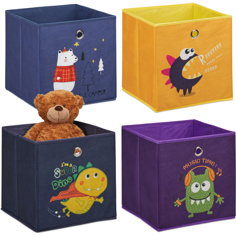 Lot 4 boîtes de rangement, chambre d'enfant, monstres et animaux, pliables, HxLxP : 30x30x30 cm, multicolore - Relaxdays
