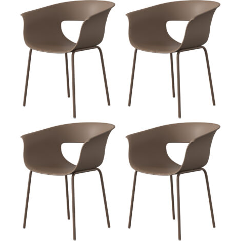 Lot 4 chaises de jardin ergonomiques avec dossier découpé, accoudoirs, résistantes aux intempéries et à la rouille, couleur café