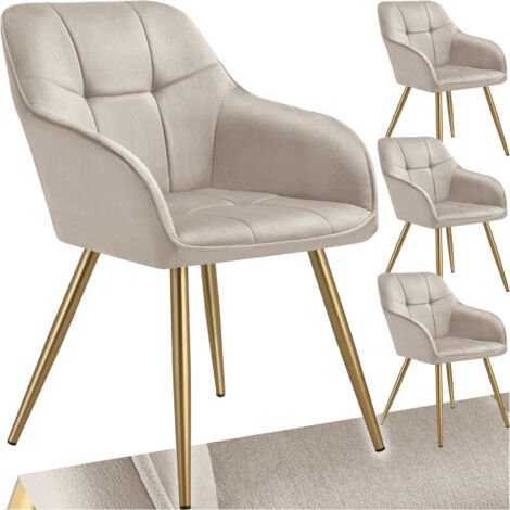 Lot 4 chaises de salle à manger avec aspect velours capitonné taupe/or