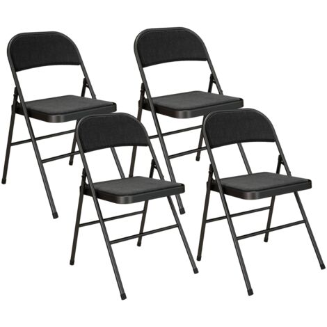 Lot 4 chaises pliantes noires - Tissu lin - Coussins - Pieds acier - Portables - Pour bureau, salle d’attente, réception - Gain de place - Pliage facile