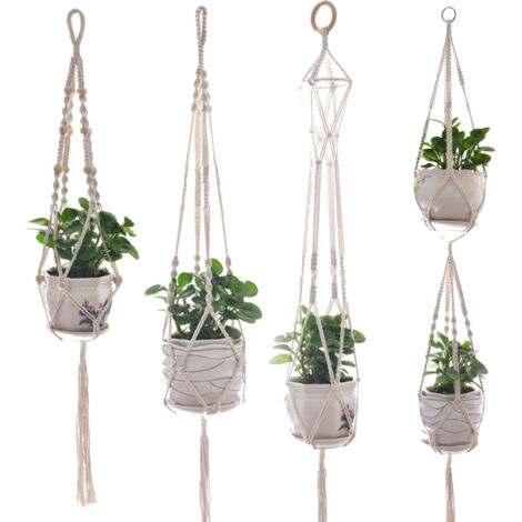Lot 4 supports muraux macramé coton fait main – Tailles variées – Déco intérieur/extérieur – Artisanat tressé pour pots de fleurs