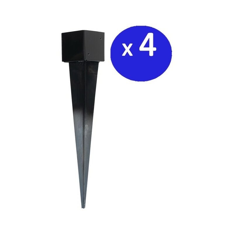 4 x Piquet d' angrage carré métallique 12 x 12 cm, base de 75 cm, idéaux pour poteaux en bois, noir