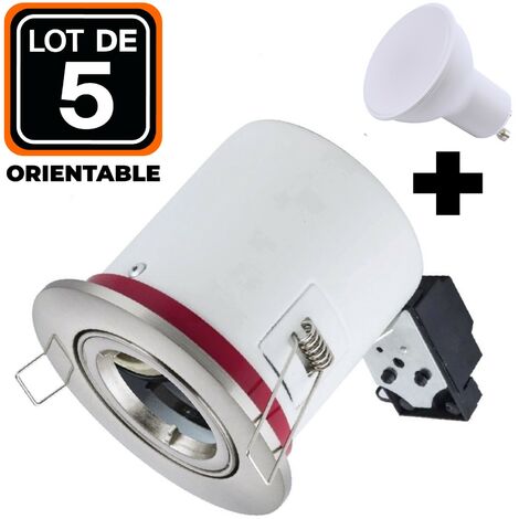 Lot 5 Supports Spots BBC Orientable INOX + Ampoule GU10 7W Blanc Neutre + Douille - Blanc Neutre 4500K