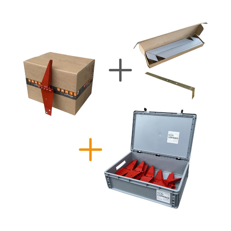 Pack 50 sabots de coffrage croc + 100 Entretoises Alu coudées (15/20/25 cm) + 1 caisse de rangement offerte