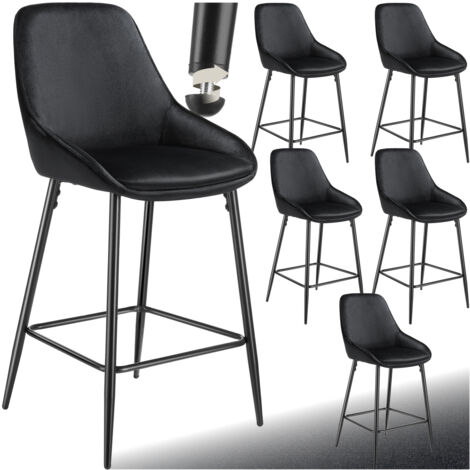 Lot 6 chaises de bar dossier aspect velours et repose-pieds noir