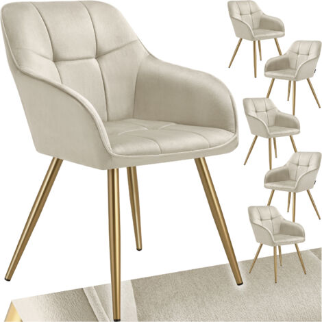 Lot 6 chaises de salle à manger avec aspect velours capitonné crème/or
