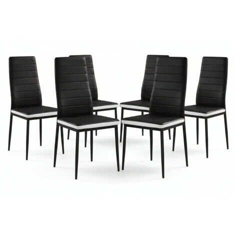 Lot 6 chaises simili cuir noir blanc pieds métal 52x45x90 cm TOLIA